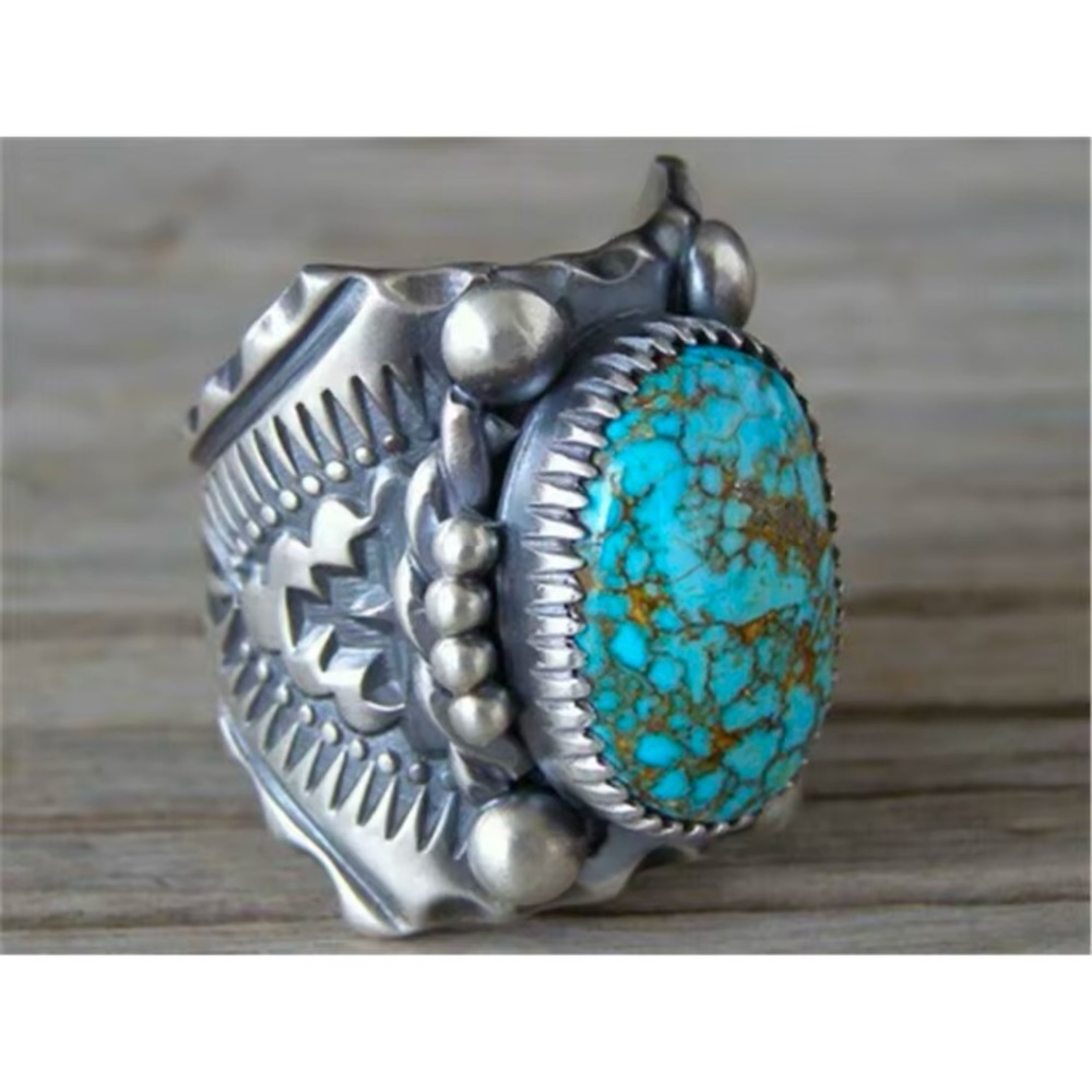 Faux Turquoise Statement Ring Large Big Cocktail Costume Silver Tone Hea…